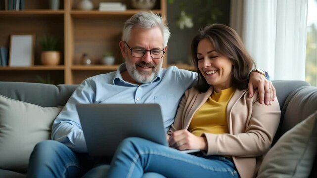 Happy middle-aged couple relaxing on couch with laptop at home, smiling while browsing e-commerce, enjoying cozy living room atmosphere, empty space for text. - Powered by Adobe