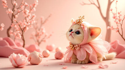 Adorable kitten in a pink princess dress and crown, sitting in a cute pastel room. Perfect for children’s themes, fantasy, or cute animal illustrations.