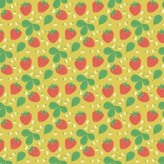 Seamless pattern with hand-drawn strawberries, green leaves, small white flowers on a apple green background. Perfect for summer textiles, packaging, wrapping, digital prints, and surface decoration