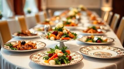 Gourmet wedding buffet table with decorative plates, focusing on a beautifully arranged centerpiece dish.