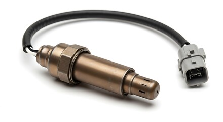 A detailed studio photograph of a new automotive oxygen sensor, also known as an O2 or lambda sensor, isolated on a clean white background.