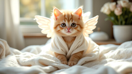 Adorable kitten dressed as an angel with white wings, sitting on a soft bed in a cozy room. Perfect for fantasy, children’s themes, and cute animal content.