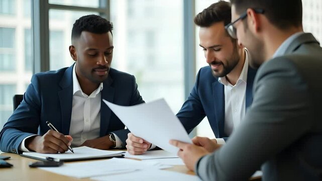 Young Professional Financial Advisor Consulting Clients: Diverse Male Employees Collaborating in Office Meeting - Flat Vector Illustration of Business Interaction