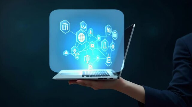 Flat hand holding a holographic laptop displaying AI ethics, law, and governance icons for responsible AI usage in a simple, cute vector illustration.