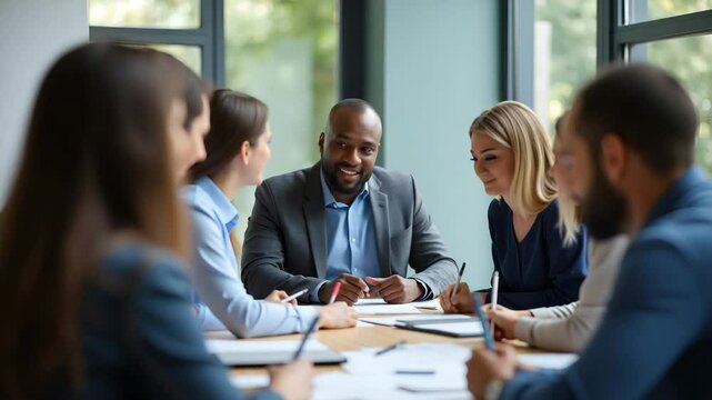 Young happy African American male executive company leader discussing project management planning strategy working with diverse busy colleagues company team at office corporate board group meeting con