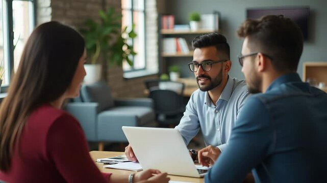 Flat Happy Indian HR manager interviews Latin young professional discusses job CV mentors Hispanic male teacher and female student in multiethnic creative workspace concept as Happy Indian HR manager 