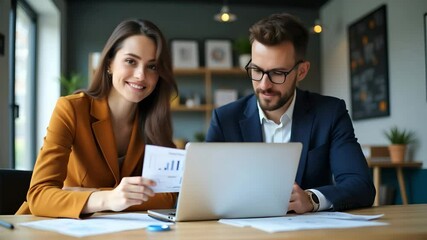Flat Happy busy executive people working together in office female manager showing financial results to colleague at work two professional team business man and woman using laptop at corporate meeting - Powered by Adobe