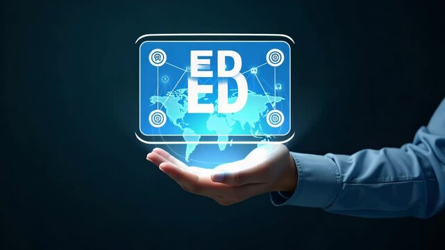 Flat Hand Interacting with Holographic EDI Device Showcasing Global Data Transfer & Digital Security Icons in Empty Space - Simple Cute Vector Illustration, Full Body, Isolated on White Background