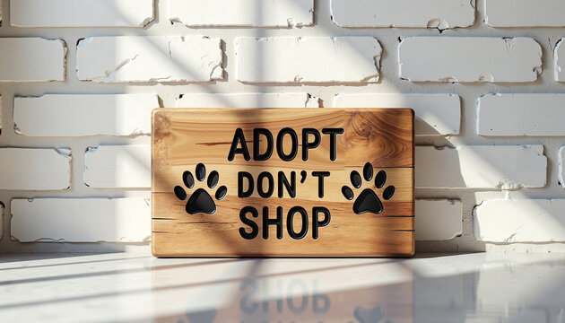 Adopt don’t shop sign on wooden board with paw prints in sunlight  
