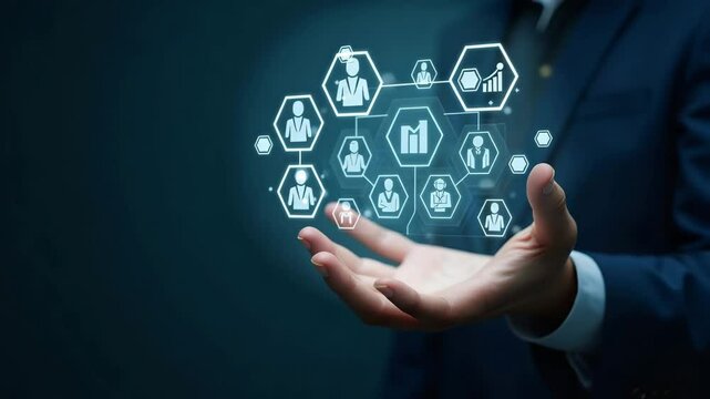 Flat Hand interacting with holographic skills interface displaying learning growth teamwork innovation icons in empty space concept as Hand engages with holographic skills interface showcasing learnin