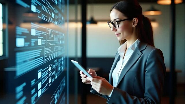 Flat vector illustration of a confident middle-aged female executive using a tablet in a modern office, showcasing digital leadership and managerial style behind a glass barrier.