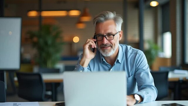 Smiling busy mature older professional business man executive manager talking on the phone making mobile call on cellphone in office working at laptop computer tech communicating at workplace. concept