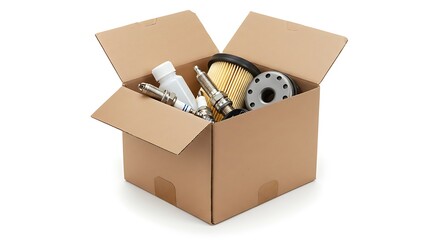 An open cardboard box is filled with an assortment of brand new car parts, including spark plugs, an air filter, and other essential mechanical components for vehicle maintenance. 