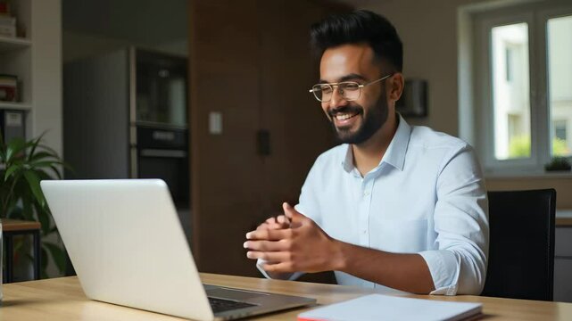 Flat Smiling Indian Businessman Working on Laptop in Home Office - Remote Learning and Online Education Webinar Concept in Vector Illustration