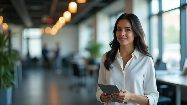 Flat vector illustration of a happy young Hispanic businesswoman using a tablet in her office, dreaming of a successful career, full body, isolated on white background