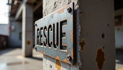 Sign labeled Rescue with rusted metal texture in urban setting  