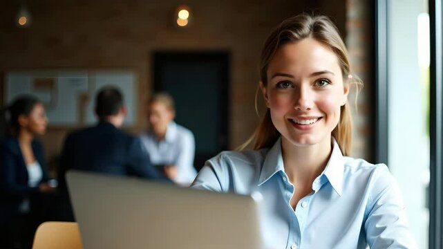 Flat Young Smiling Businesswoman Using Laptop in Bright Office - Bridging Technology & Entrepreneurial Spirit for Productivity & Innovation - Cute Vector Illustration