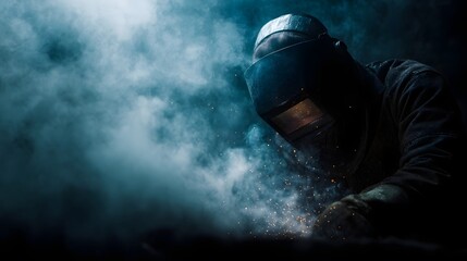 Welder creating sparks behind a protective shield in an industrial setting