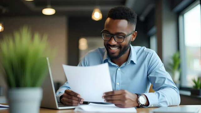Flat Happy Young African Businessman Working at Laptop in Office, Smiling While Reading Financial Report, Cute Vector Illustration, Full Body, Isolated on White Background