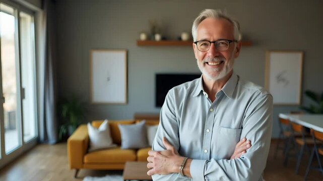 Middle Aged Handsome Man Confidently Posing at Home with Arms Crossed in Modern Living Room - Vector Illustration
