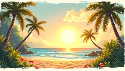 Tropical beach sunset landscape illustration