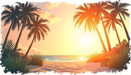 Tropical Sunset Beach Scene: Palm Trees Silhouette