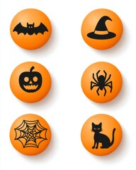 Vector set of orange round icons with black Halloween symbols	