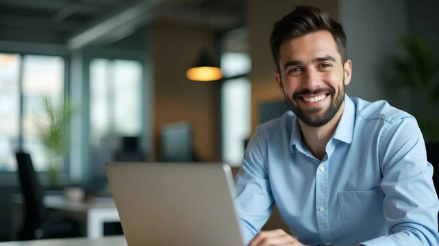 Flat Vertical Portrait of Confident Young Latin Entrepreneur Using Laptop at Corporate Desk - Cute Vector Illustration of Startup Founder in Business Attire