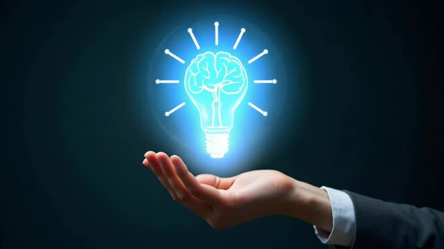 Flat Hand holding holographic self improvement symbol representing growth mindset learning self improvement in empty space background concept as A hand holds a holographic self improvement symbol illu