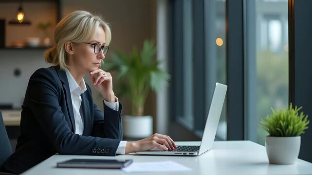 Flat Busy mature middle aged professional business woman manager executive looking at laptop computer technology in office working on digital financial banking market sitting at desk copy space. conce
