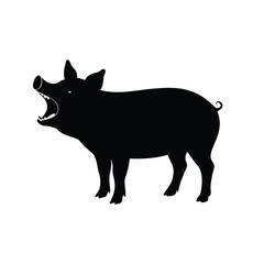 Black silhouette illustration of an open mouthed pig on white background