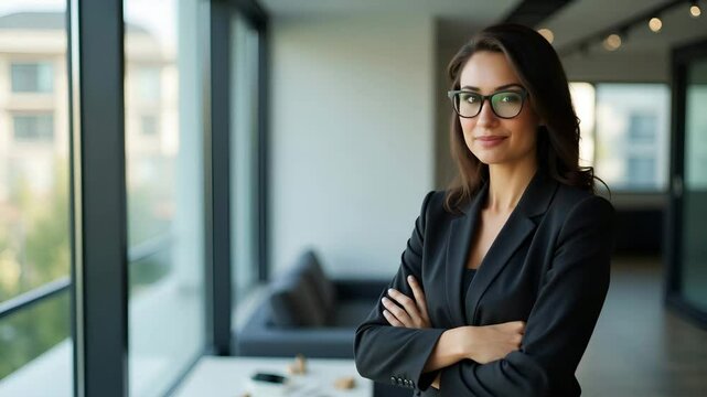 Flat Ambitious Hispanic Businesswoman in Modern Office: Confident Leadership, Career Growth, Strong Voice, Professional Stance, Setting Goals, Bright Future - Vector Illustration