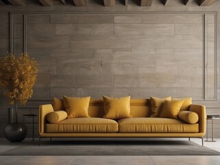 Mustard luxury sofa near chic and unique stone textured paneling wall