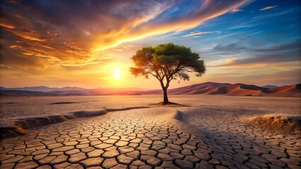 A lone tree stands in a cracked desert at sunset