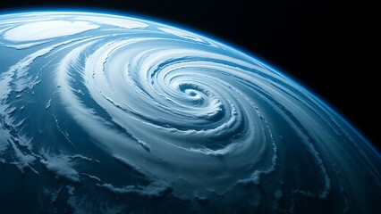Satellite view of Earth with a swirling storm, highlighting deep blue and white cosmic tones.