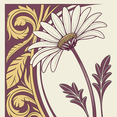 Obraz premium Elegant Art Nouveau illustration of a daisy flower with decorative vintage swirls.