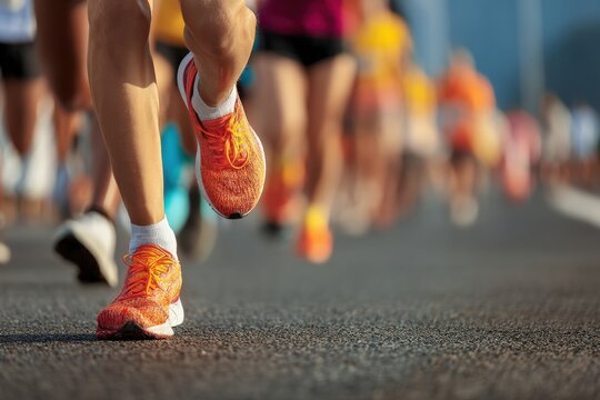 Marathon runners competing in a race on an asphalt road, showcasing close up views of legs and vibrant orange shoes in motion