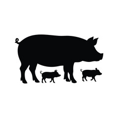 A silhouette illustration of a sow pig and two piglets on white background