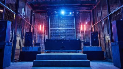 Industrial-style music venue with a concrete stage and metal mesh walls