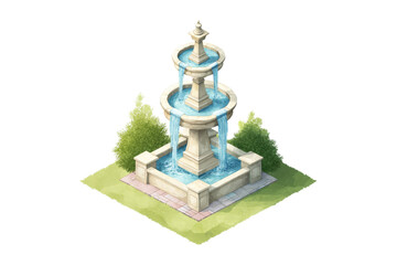 Tiered fountain with flowing water surrounded by greenery The fountain stands on a grassy area Isolate