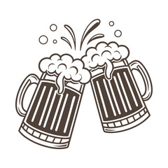 Cheers with Two Beer Mugs Illustration. Hand Drawn Cartoon Style Clinking Beer Glasses with Foam, Perfect for Pubs, Bars, Festivals, and Menus