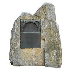 Large monolithic multilayer light gray yellow stone pedestal granite marble block with a...