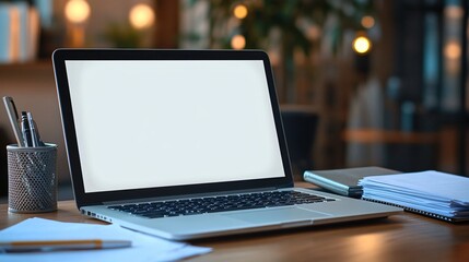 Open laptop with blank screen on desk surrounded by books and cup in cozy home office or study environment