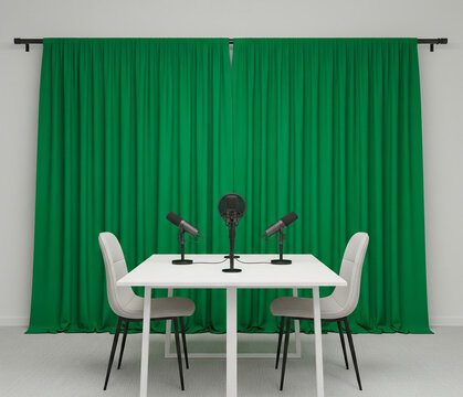 Dual-person Podcast Table With Center Mic And Full Green Screen Curtain Behind, Clean Setup