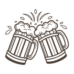 Cheers with Two Beer Mugs Illustration. Hand Drawn Cartoon Style Clinking Beer Glasses with Foam, Perfect for Pubs, Bars, Festivals, and Menus