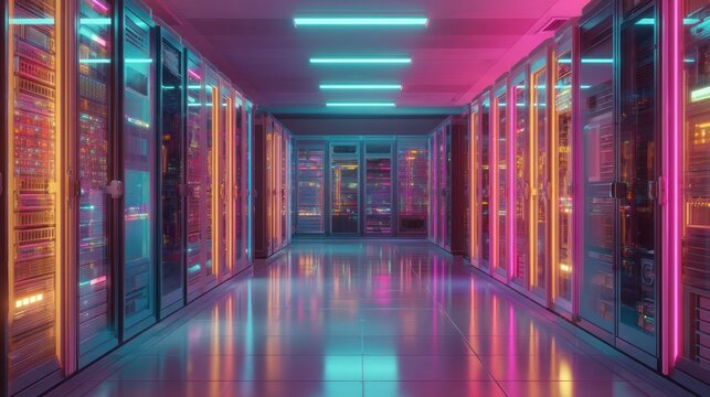 Vibrant neon lit server room futuristic data center technology