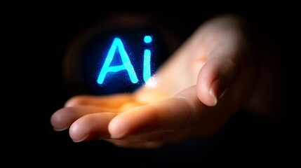 AI Robotics Industry Machine automation system Hand Holding Glowing AI Letters in Dark Background for Technology Concept
