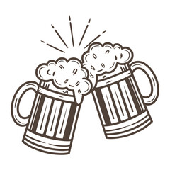 Cheers with Two Beer Mugs Illustration. Hand Drawn Cartoon Style Clinking Beer Glasses with Foam, Perfect for Pubs, Bars, Festivals, and Menus