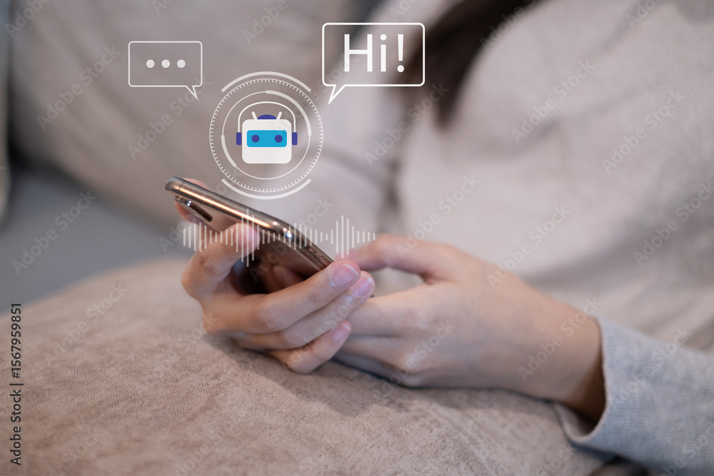 Aufkleber close-up woman using typing smartphone ai chatbot artificial intelligence online searching informati