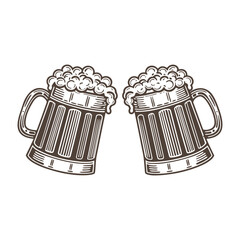Cheers with Two Beer Mugs Illustration. Hand Drawn Cartoon Style Clinking Beer Glasses with Foam, Perfect for Pubs, Bars, Festivals, and Menus